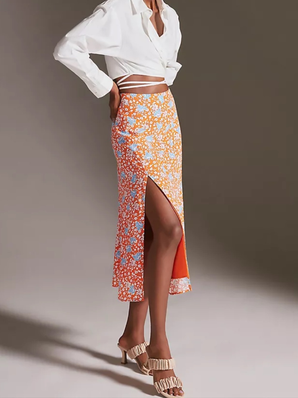 Anthropologie Maeve Women's Floral Orange Midi Skirt with Blue Accents Size 8